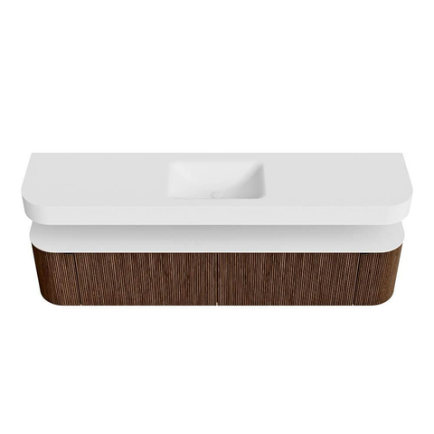 MONDIAZ THOR 200cm badmeubel ronding links + rechts kleur Walnut met 2 lades en 2 deuren. Vrijhangende wastafel CLOUD Midden 1 kraangat kleur Talc. SW1466966