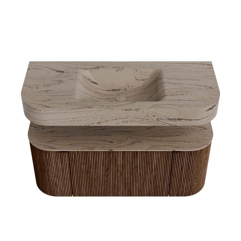 MONDIAZ THOR-DLUX 110cm badmeubel ronding links + rechts kleur Walnut met 1 lade en 2 deuren. Vrijhangende wastafel CLOUD Midden zonder kraangat kleur Arena. SW1462713