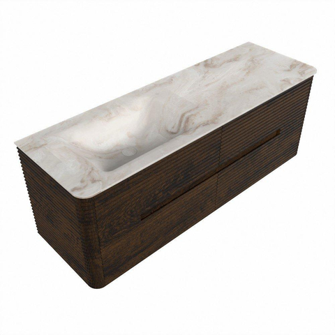 Mondiaz CIRO-DLUX Badkamermeubelset - 140x45x50cm - Solid surface wastafel Frappe - 1 wasbak Links - zonder kraangaten - 4 lades - Walnut SW1530339