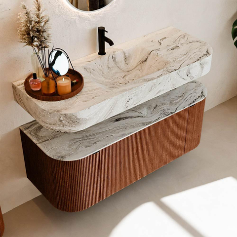 MONDIAZ THOR-DLUX Meuble de salle de bains - 120cm - arrondi gauche + droite - couleur Ruby - 1 tiroir - 2 portes - Vasque suspendue CLOUD Milieu 1 trou de robinet - couleur Glace SW1463085