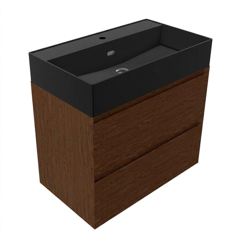 Saniclass Holz Pure Badkamermeubelset - 80x45x72cm - Legend keramische wastafel mat zwart - 1 wasbak - 1 kraangat - 2 lades - mat walnut pure (hout) SW1580184