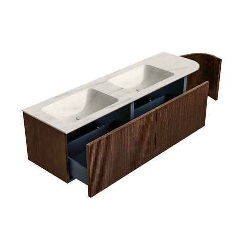 MONDIAZ KURVE-DLUX Meuble de salle de bains 155cm arrondi à droite couleur Walnut avec 2 tiroirs et 1 porte. Lavabo LEAF Double / Gauche 2 trous de robinet Meli. SW1431759