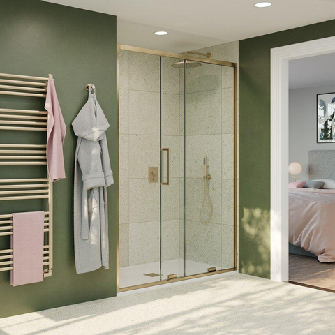 Crosswater Optix 10 Schuifdeur - 150x200cm - 10mm veiligheidsglas - met softclose - geborsteld messing (goud) SW700859