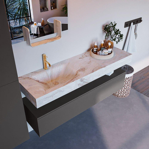 Mondiaz ALAN-DLUX Ensemble de meuble - 150cm - meuble Dark grey mat - 1 tiroir - Lavabo Cloud Frappe suspendu - vasque Gauche - 1 trou de robinet SW804710
