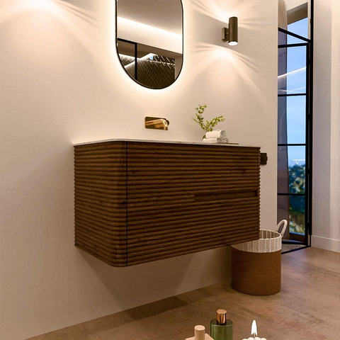 Mondiaz CIRO-DLUX Ensemble de meubles de salle de bains - 90x45x50cm - lavabo solid surface Glace - 1 vasque au milieu - sans trous de robinet - 2 tiroirs - Dusk SW1532865