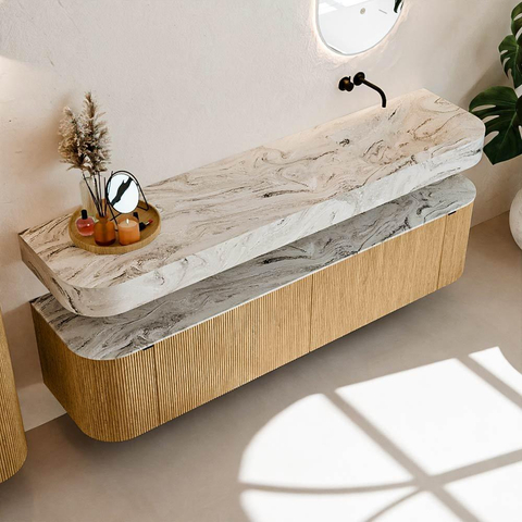 MONDIAZ THOR-DLUX Meuble de salle de bains - 190cm - arrondi gauche + droite - couleur Oak - 2 tiroirs et 2 portes - Vasque suspendue CLOUD Droite sans trou de robinet - couleur Glace SW1466365