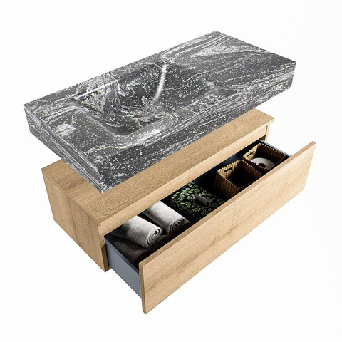 MONDIAZ ALAN - DLUX Badkamermeubelset - 100cm - onderkast - Washed Oak - 1 lade - vrijhangende wastafel - wasbak links - 1 kraangat - Lava SW809200