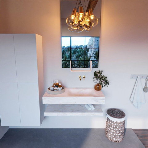 Mondiaz ALAN-DLUX Ensemble de meuble - 100cm - meuble Ostra mat - 0 tiroirs - Lavabo Cloud Ostra suspendu - vasque Droite - 0 trous de robinet SW809339