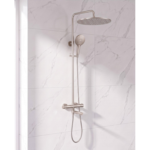 Fortifura Calvi Regendoucheset - thermostatisch - 30cm hoofddouche - metalen slang - ronde handdouche - draaibare baduitloop - PVD - geborsteld RVS SW1592488