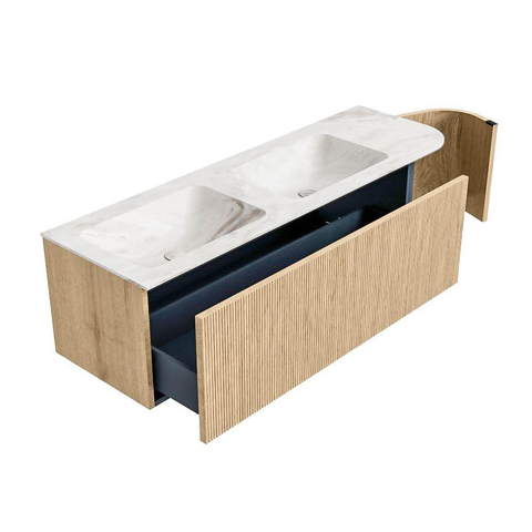 MONDIAZ KURVE-DLUX meuble de salle de bains 145 cm avec module 25 R couleur Oak avec 1 tiroir et 1 porte. Lavabo LEAF double / gauche 2 trous de robinet couleur Frappe. SW1137405