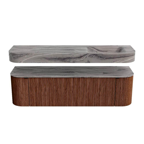 MONDIAZ THOR-DLUX 160cm meuble de salle de bains arrondi gauche + droite couleur Ruby avec 1 tiroir et 2 portes. Vasque suspendue CLOUD droite sans trou de robinet couleur Sombra. SW1465389