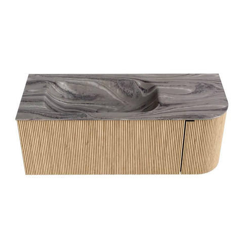 MONDIAZ KURVE-DLUX Meuble de salle de bains 115 cm arrondi à droite couleur Chêne avec 1 tiroir et 1 porte. Lavabo BIG SMALL à gauche sans trou de robinet Sombra. SW1433553