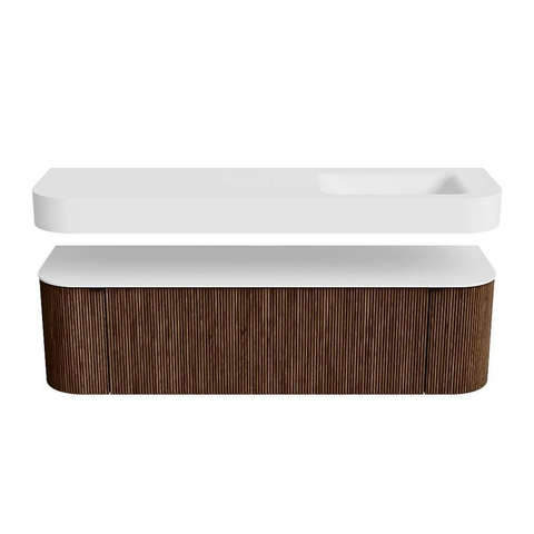 MONDIAZ THOR 160cm badmeubel ronding links + rechts kleur Walnut met 1 lade en 2 deuren. Vrijhangende wastafel CLOUD Rechts 1 kraangat kleur Talc. SW1465019