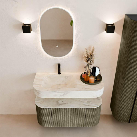 MONDIAZ THOR-DLUX 100cm meuble de salle de bains arrondi gauche + droite couleur Shadow avec 1 tiroir et 2 portes. Vasque suspendue CLOUD gauche 1 trou de robinet couleur Ostra. SW1467529