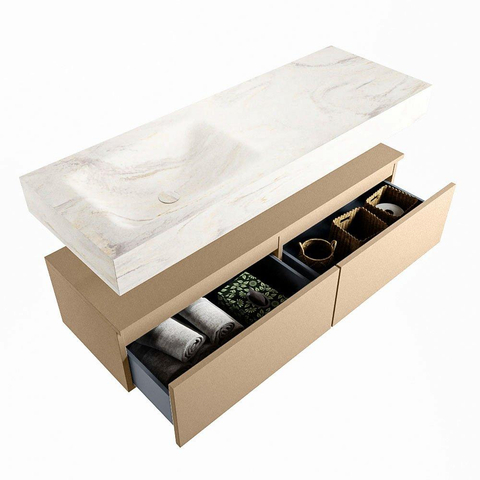 Mondiaz ALAN-DLUX Ensemble de meuble - 130cm - meuble Oro mat - 2 tiroirs - Lavabo Cloud Ostra suspendu - vasque Gauche - 0 trous de robinet SW807641