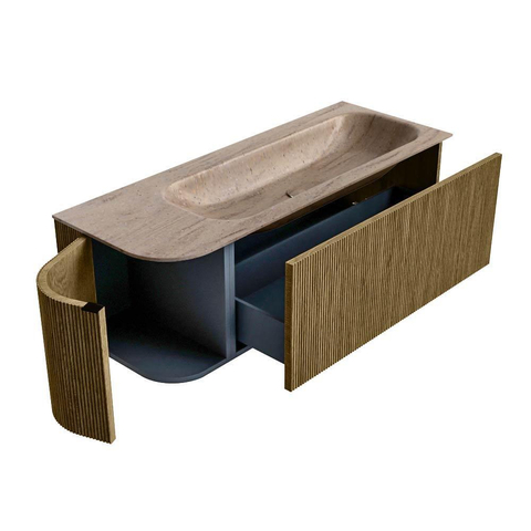 MONDIAZ KURVE-DLUX 125cm badmeubel ronding Links kleur Dusk met 1 lade en 1 deur. Wastafel BIG MEDIUM Rechts zonder kraangat Saba. SW1433349