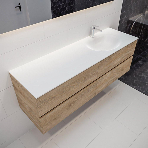 MONDIAZ VICA Ensemble de meuble salle de bain - 150cm - 4 tiroirs - lavabo Moon à droite - 1 trou de robinet - solid surface chêne blanchi SW410063