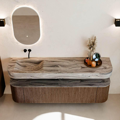 MONDIAZ THOR-DLUX 180cm meuble de salle de bains arrondi gauche + droite couleur Walnut avec 2 tiroirs et 2 portes. Vasque suspendue CLOUD Gauche sans trou de robinet couleur Sombra. SW1466251