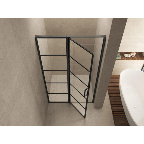 Wiesbaden Horizon Nisdeur - met vast deel en raster - 90x200cm - 8mm - nano helder glas - mat zwart SW373477