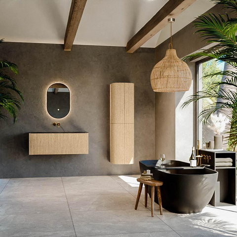 MONDIAZ KURVE-DLUX Meuble de salle de bains 110 cm couleur Oak avec 1 tiroir. Lavabo BIG MEDIUM centré sans trou de robinet couleur Lava. SW1137322