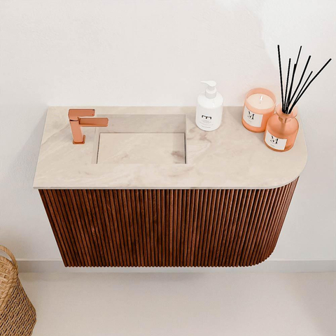 Mondiaz JOYA-DLUX 61.6cm toiletmeubel - ronding rechts kleur Ruby - Wastafel FAYE positie Links 1 kraangat kleur Frappe. SW1423493