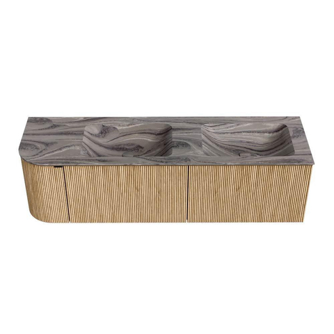 MONDIAZ KURVE-DLUX 155cm meuble de salle de bains arrondi gauche couleur Oak avec 2 tiroirs et 1 porte. Lavabo LEAF Double / droite 2 trous de robinet Sombra. SW1433600
