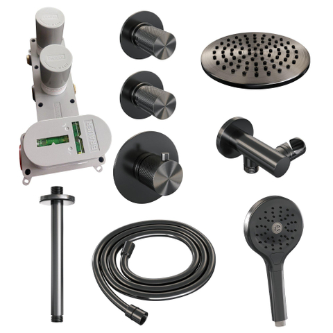 BRAUER Gunmetal Carving ensemble de douche pluie encastré – douche de tête Ø 20 cm – douchette ronde – support fixe SW715953