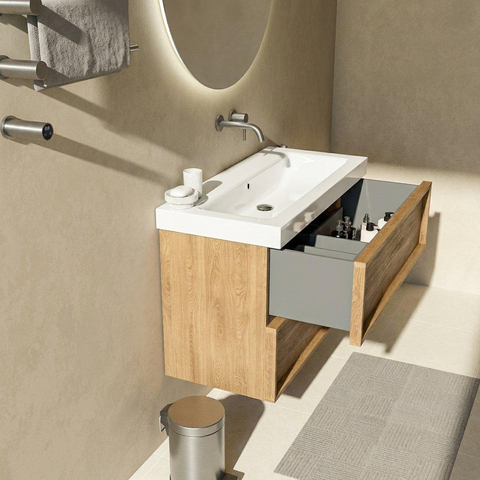 Saniclass Holz Frame Badkamermeubelset - 100x45x67.5cm - Wave keramische wastafel - 1 wasbak - zonder kraangat - 2 lades - mat eiken natural (hout) SW1579756