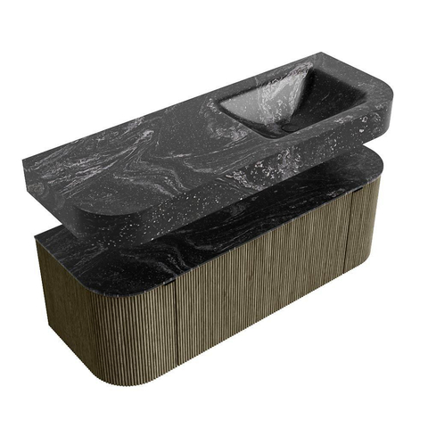 MONDIAZ THOR-DLUX 130cm meuble de salle de bains arrondi gauche + droite couleur Shadow avec 1 tiroir et 2 portes. Vasque suspendue CLOUD Droite 1 trou de robinet couleur Lava. SW1463779