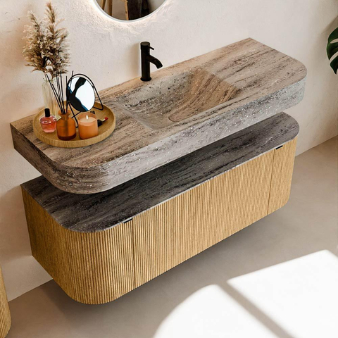 MONDIAZ THOR-DLUX 130cm meuble de salle de bains arrondi gauche + droite couleur Oak avec 1 tiroir et 2 portes. Vasque suspendue CLOUD Milieu 1 trou de robinet couleur Oza. SW1463960