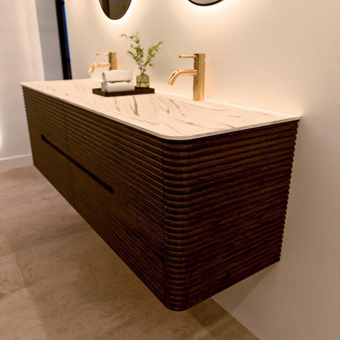 Mondiaz CIRO-DLUX Badkamermeubelset - 160x45x50cm - Solid surface wastafel Nata - 2 wasbak Dubbel - 2 kraangaten - 4 lades - Walnut SW1530571