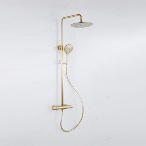 Fortifura Calvi Regendoucheset - thermostatisch - 25cm - hoofddouche - gladde slang - ronde handdouche - PVD - geborsteld messing (goud) SW1204403
