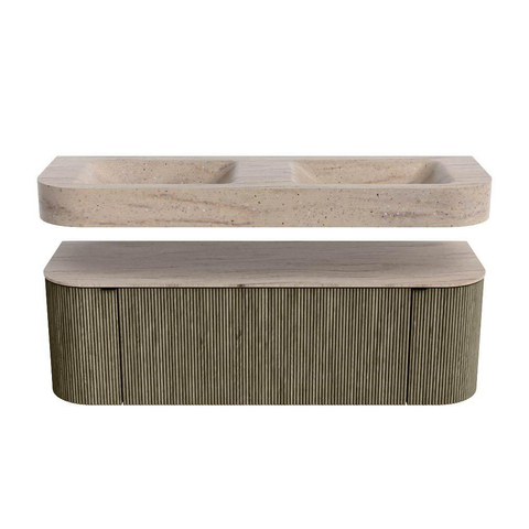 MONDIAZ THOR-DLUX 140cm meuble de salle de bains arrondi gauche + droite couleur Shadow avec 1 tiroir et 2 portes. Vasque suspendue CLOUD Double 2 trous de robinet couleur Saba. SW1464355
