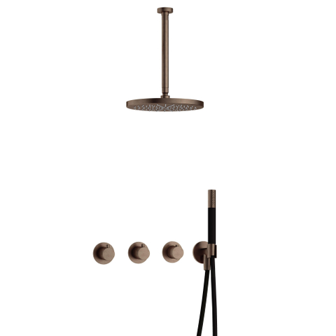 Hotbath Cobber IBS70 Regendoucheset - inbouw - 30cm plafondarm - 30cm ronde hoofddouche - staafhanddouche - messing verouderd koper (goud) SW677601