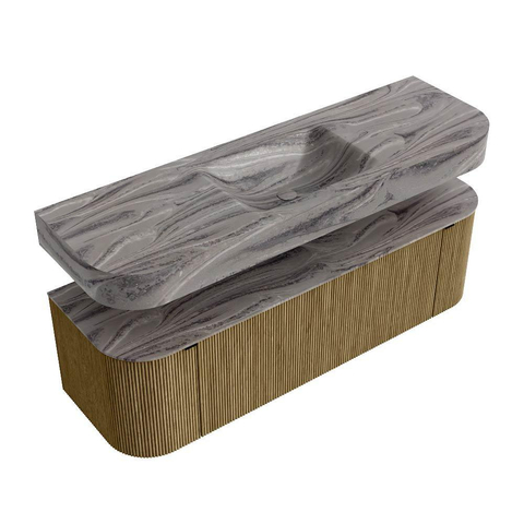 MONDIAZ THOR-DLUX 150cm meuble de salle de bains arrondi gauche + droite couleur Dusk avec 1 tiroir et 2 portes. Vasque suspendue CLOUD Milieu sans trou de robinet couleur Sombra. SW1464902