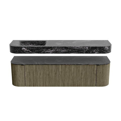 MONDIAZ THOR-DLUX 170cm meuble de salle de bains arrondi gauche + droite couleur Shadow avec 1 tiroir et 2 portes. Vasque suspendue CLOUD gauche sans trou de robinet couleur Lava. SW1465517