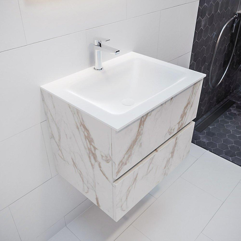 ENSEMBLE DE MEUBLE MONDIAZ VICA - 60cm - 2 tiroirs - lavabo Cloud central - 1 trou de robinet - solid surface marbre carrara SW410229