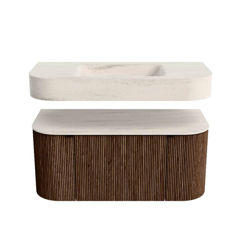 MONDIAZ THOR-DLUX 100cm meuble de salle de bains arrondi gauche + droite couleur Walnut avec 1 tiroir et 2 portes. Vasque suspendue CLOUD Milieu sans trou de robinet couleur Meli. SW1467472