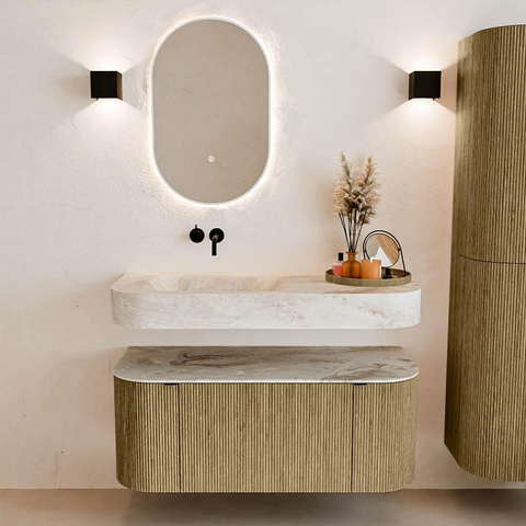 MONDIAZ THOR-DLUX Meuble de salle de bains 110cm arrondi gauche + droite couleur Dusk avec 1 tiroir et 2 portes. Vasque suspendue CLOUD Gauche sans trou de robinet couleur Frappe. SW1462807