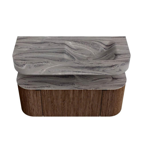 MONDIAZ THOR-DLUX 110cm meuble de salle de bains arrondi gauche + droite couleur Walnut avec 1 tiroir et 2 portes. Vasque suspendue CLOUD Droite sans trou de robinet couleur Sombra. SW1463011