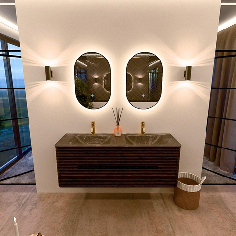 Mondiaz CIRO-DLUX Badkamermeubelset - 140x45x50cm - Solid surface wastafel Lava - 2 wasbak Dubbel - 2 kraangaten - 4 lades - Walnut SW1530201