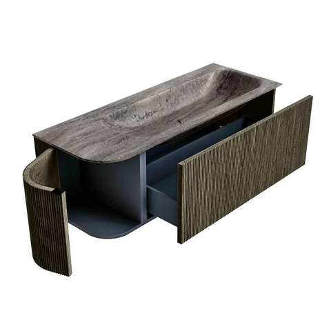 MONDIAZ KURVE-DLUX 125cm badmeubel ronding Links kleur Shadow met 1 lade en 1 deur. Wastafel BIG MEDIUM Rechts zonder kraangat Oza. SW1432892