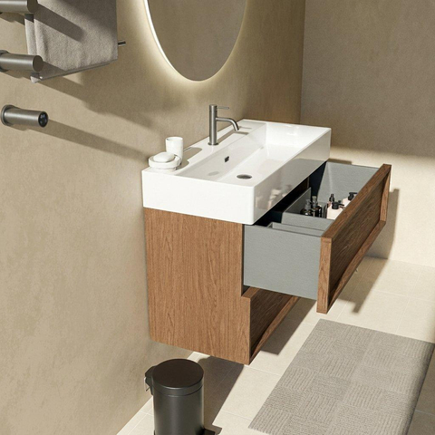 Saniclass Holz Frame Badkamermeubelset - 100x45x72cm - Legend keramische wastafel wit - 1 wasbak - 1 kraangat - 2 lades - mat walnut pure (hout) SW1579983