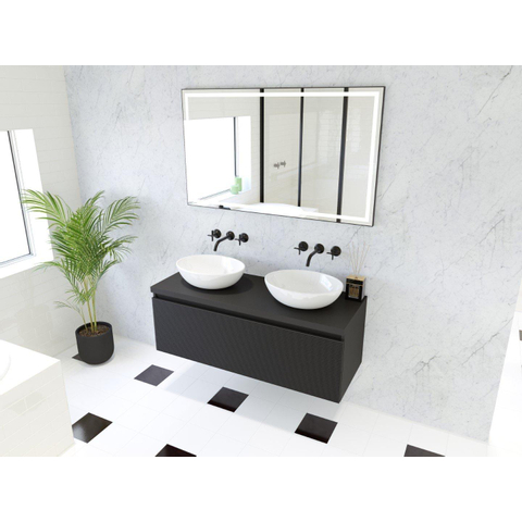 H&R Badmeubelen Matrix 3D badkamermeubelset 120cm 1 lade greeploos met greeplijst in kleur Zwart mat met bovenblad zwart mat SW857110