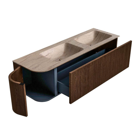 MONDIAZ KURVE-DLUX Meuble de salle de bains 145cm arrondi à gauche couleur Walnut avec 1 tiroir et 1 porte. Lavabo LEAF Double / Droite 2 trous de robinet Saba. SW1433212
