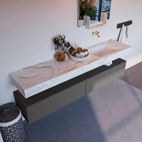 Mondiaz ALAN-DLUX Ensemble de meuble - 200cm - meuble Dark grey mat - 2 tiroirs - Lavabo Cloud Frappe suspendu - vasque Droite - 0 trous de robinet SW805147