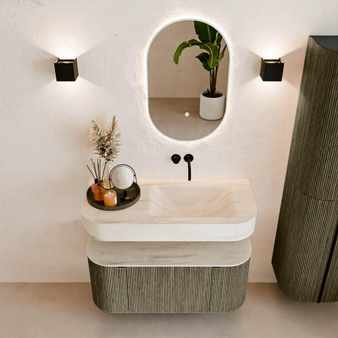 MONDIAZ THOR-DLUX 100cm meuble de salle de bains arrondi gauche + droite couleur Shadow avec 1 tiroir et 2 portes. Vasque suspendue CLOUD droite sans trou de robinet couleur Meli. SW1467492