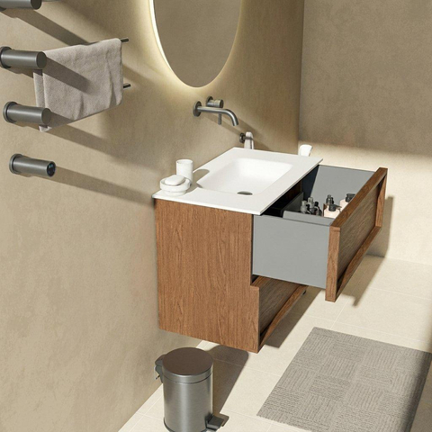Saniclass Holz Frame Badkamermeubelset - 80x45x61.5cm - Flow solid surface wastafel wit - 1 wasbak - zonder kraangat - 2 lades - mat walnut pure (hout) SW1579772