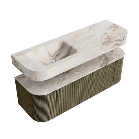 MONDIAZ THOR-DLUX 140cm badmeubel ronding links + rechts kleur Shadow met 1 lade en 2 deuren. Vrijhangende wastafel CLOUD Links 1 kraangat kleur Frappe. SW1464170