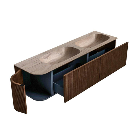 MONDIAZ KURVE-DLUX Meuble de salle de bains 165cm arrondi à gauche couleur Walnut avec 2 tiroirs et 1 porte. Lavabo STOR SMALL Double / à droite 2 trous de robinet Saba. SW1433218